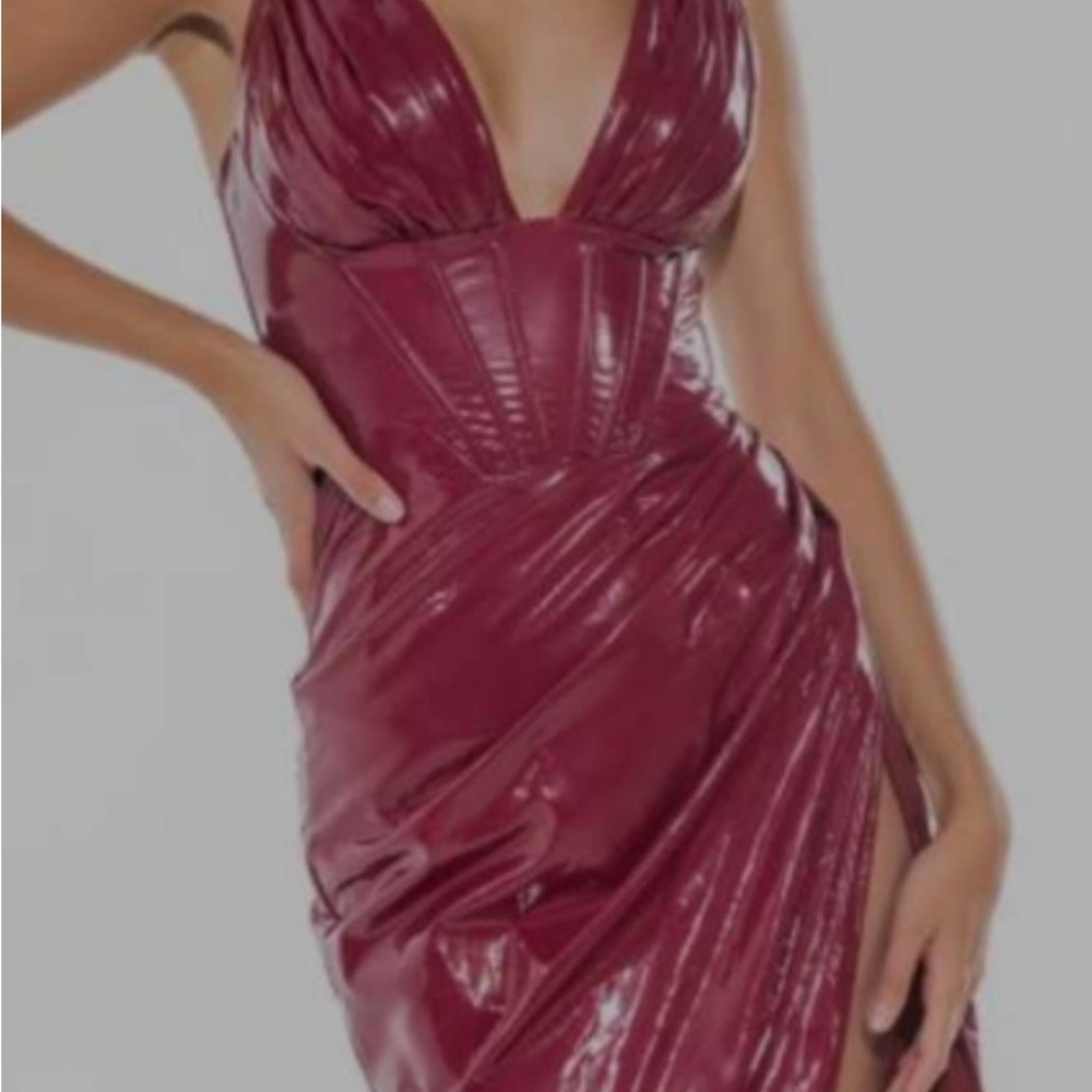 Sleeveless Plunge Faux-Leather Midi Dress in Burgundy